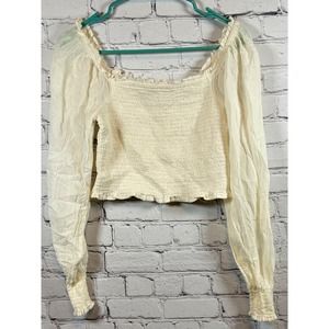 Aerie Smocked Crop‎ Top Square Neck Long Sleeve Blouse Cream Size Small